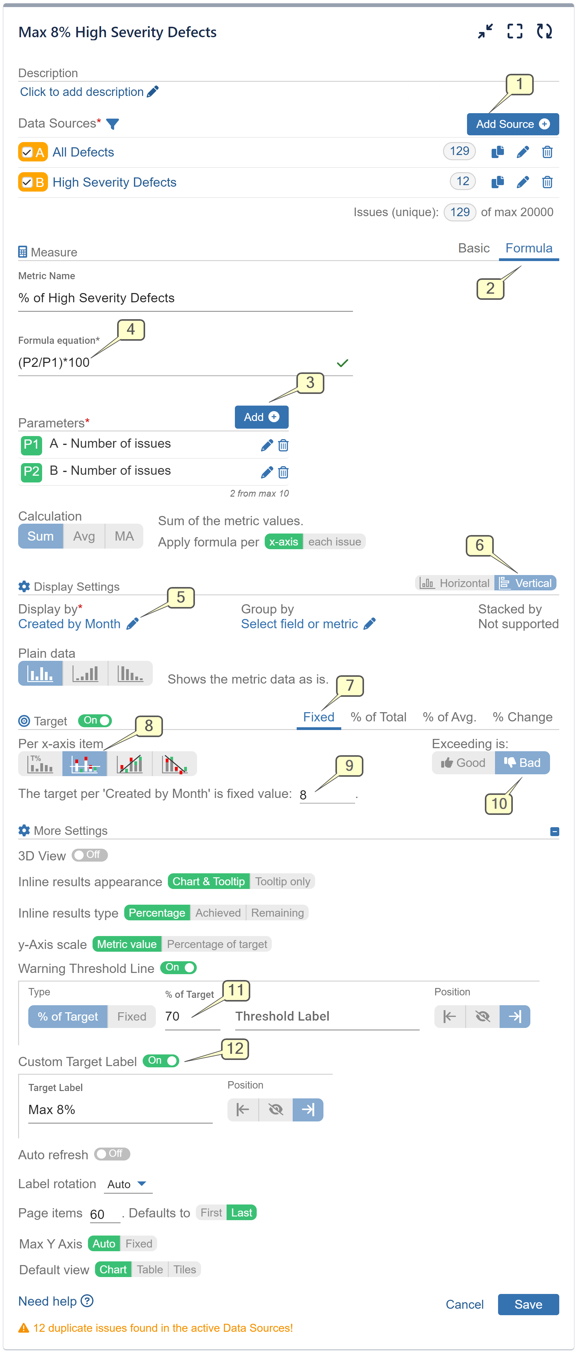 Percent of High Severity Defects KPI settings