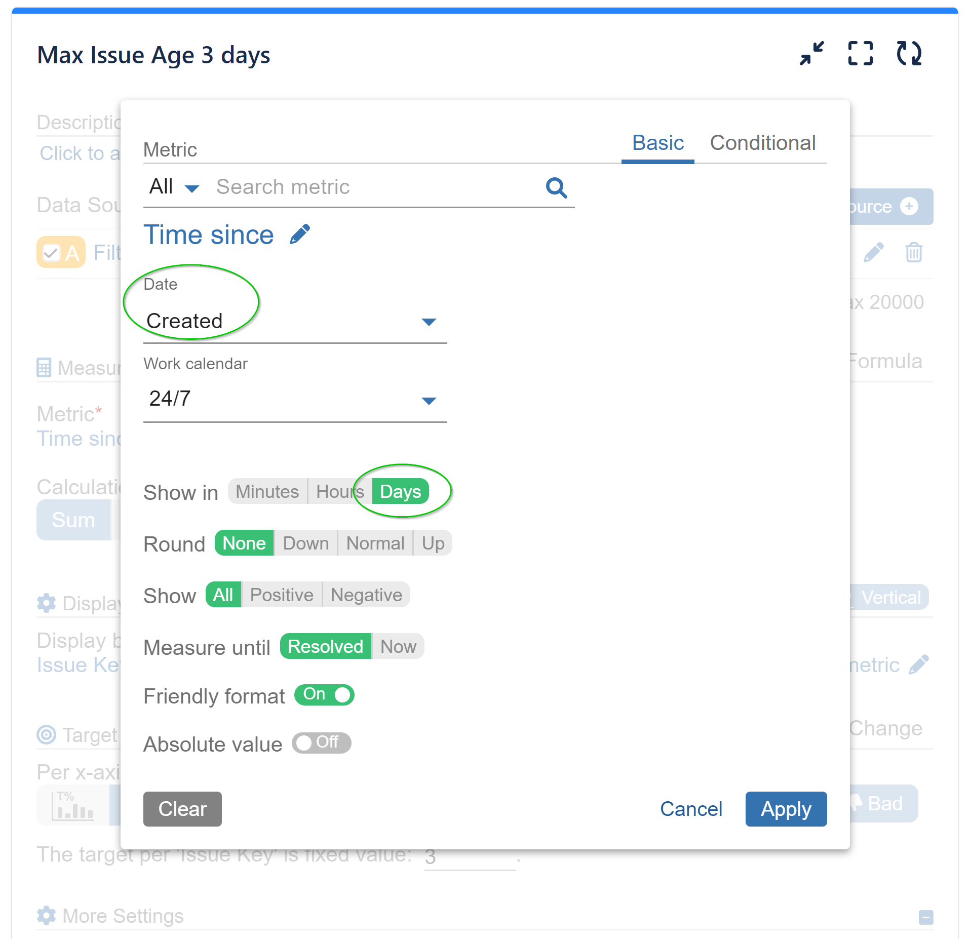 Customization Options Time Since metric 1