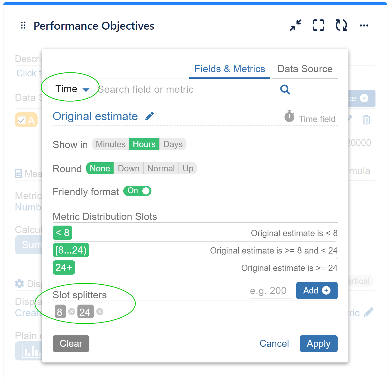 Time metric distribution settings
