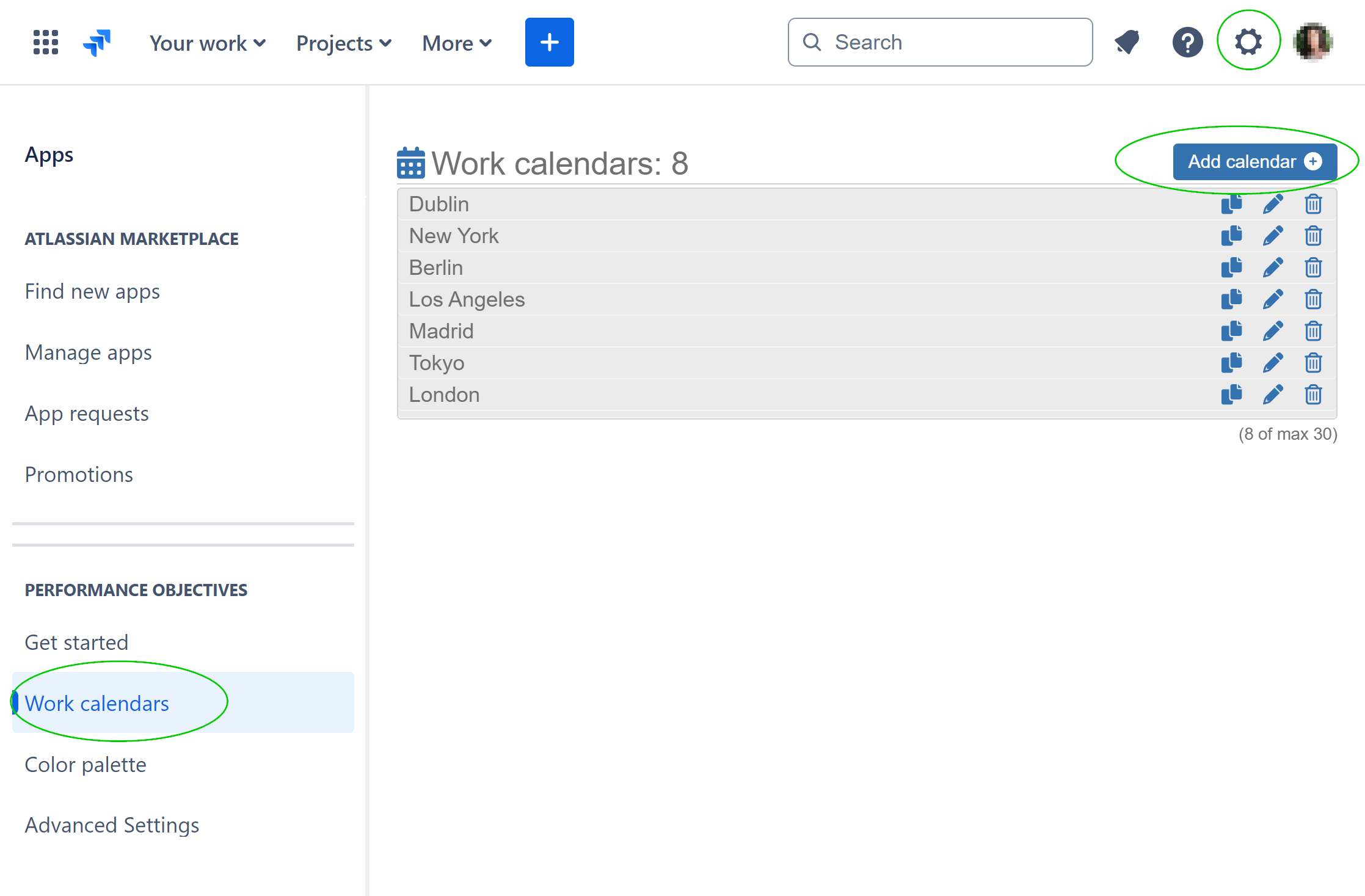 performance objectives admin settings work calendars 1