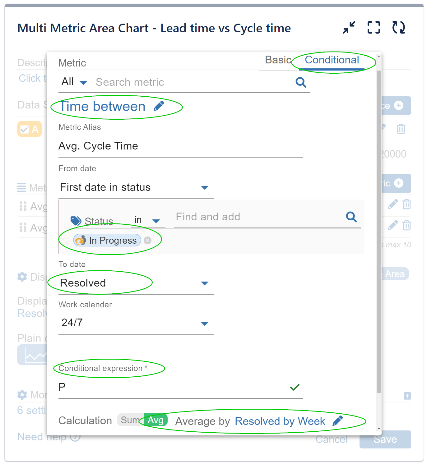 Average cycle time conditional metric settings