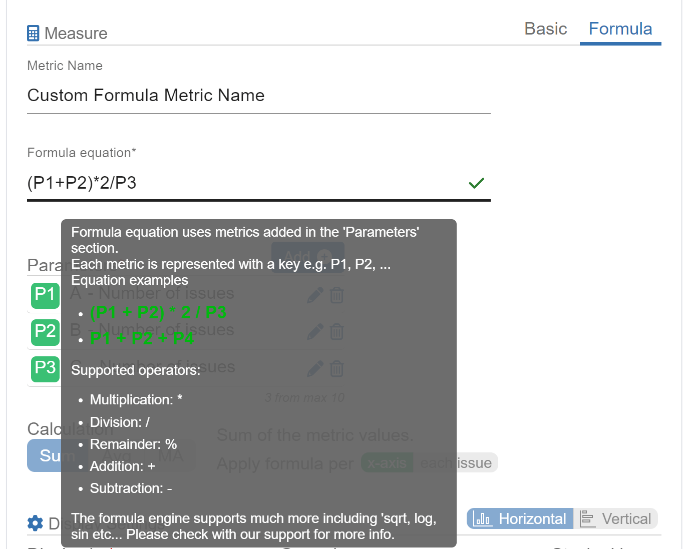 Formula metric examples settings
