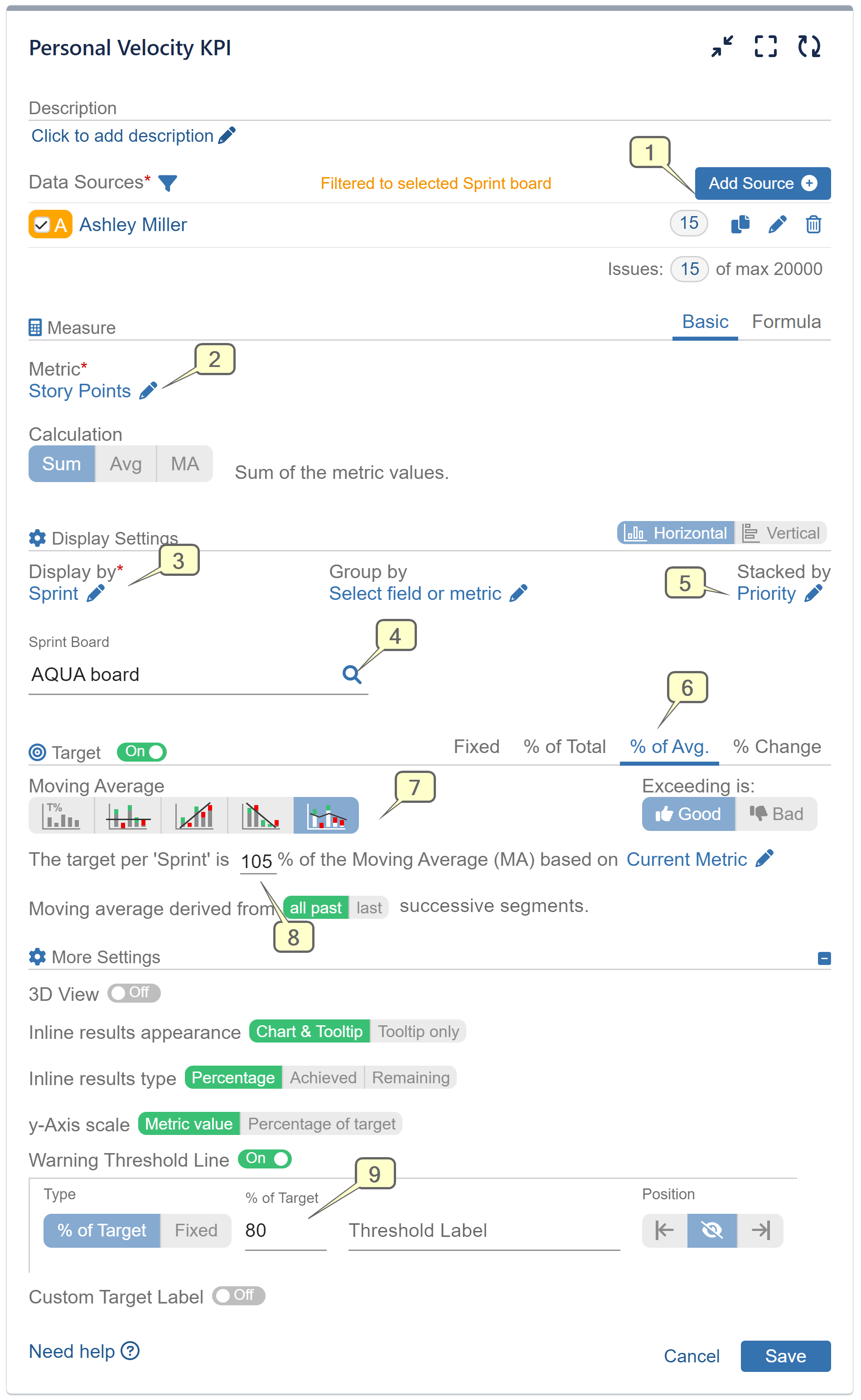 Personal Velocity Report with Performance Objectives app - settings