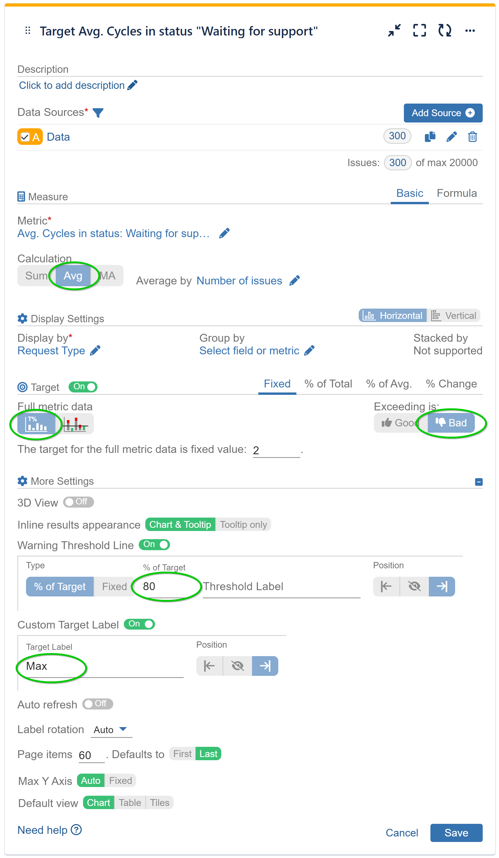 Target Average Cycles in Status settings screen
