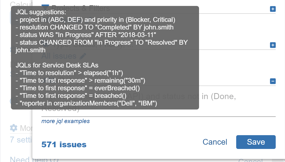 Tooltip JQL examples Jira