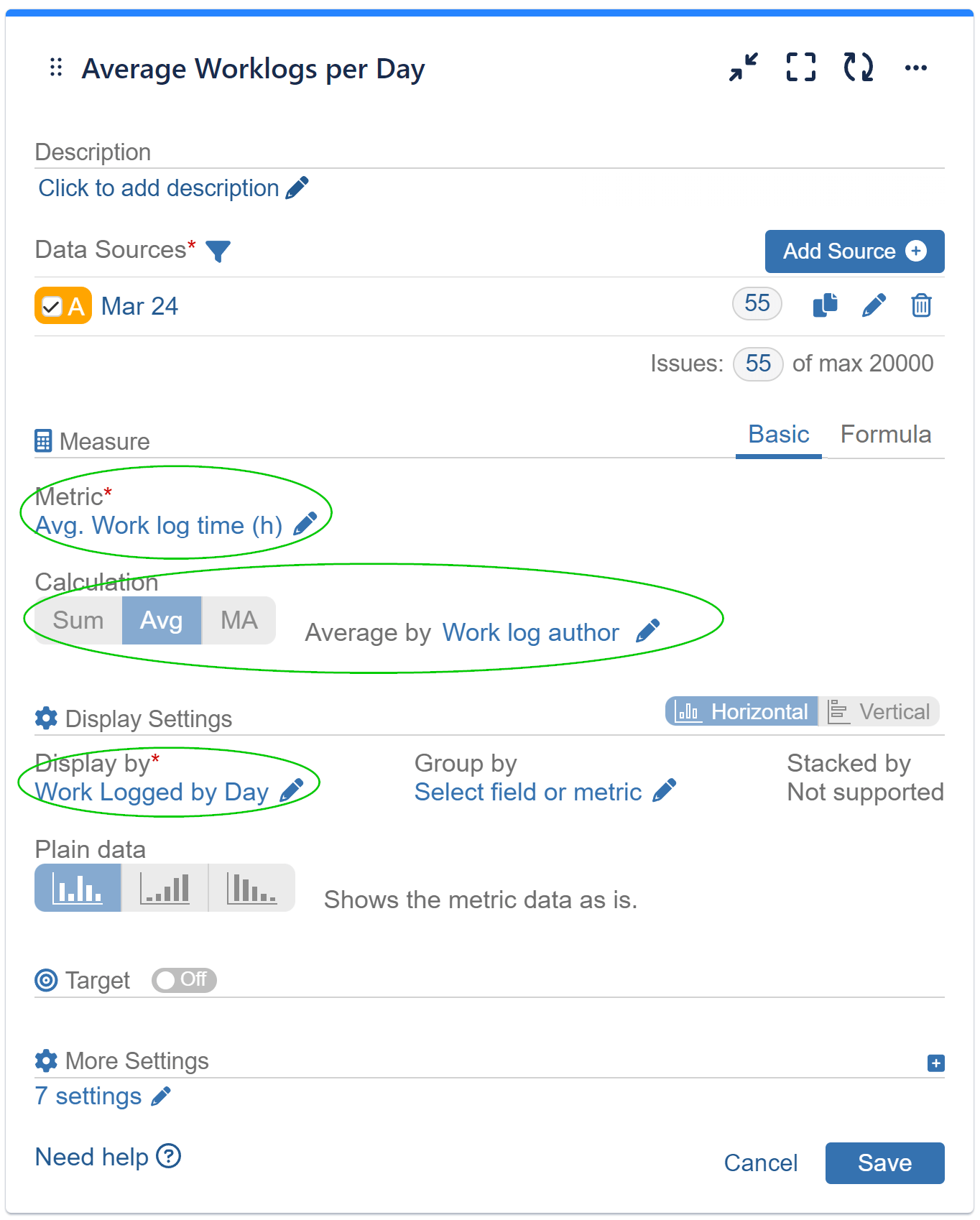 Average worklog times per worklog author per day settings
