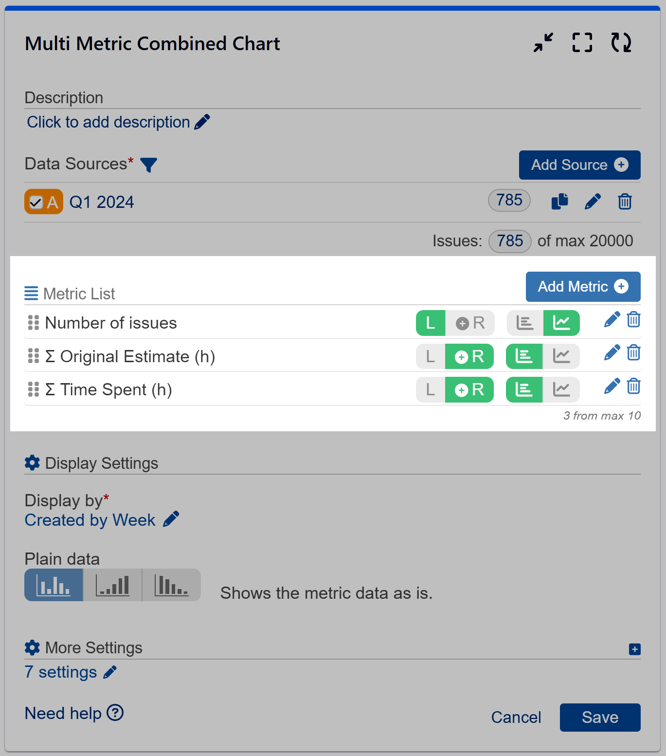 Multi metric combined chart metrics settings