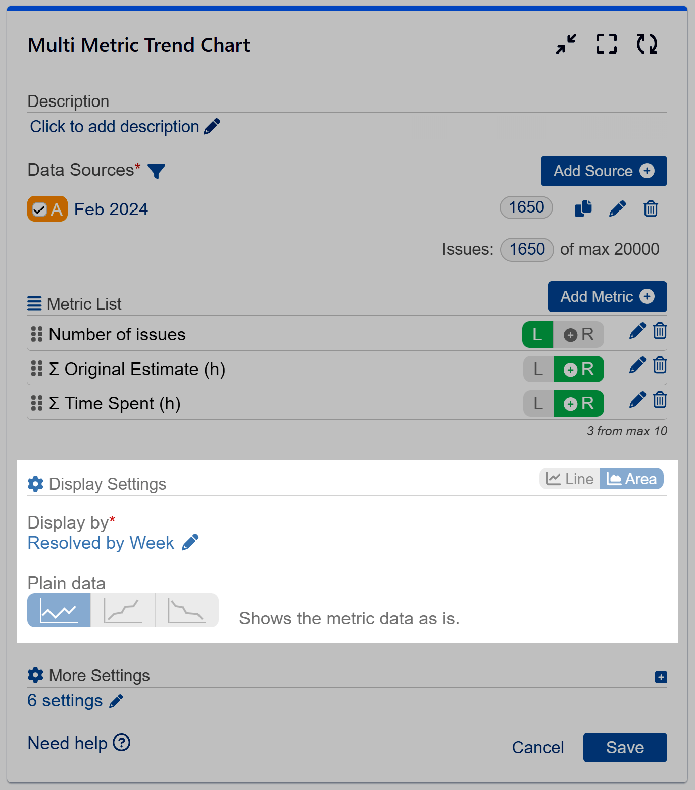 Multi metric trend gadget display settings