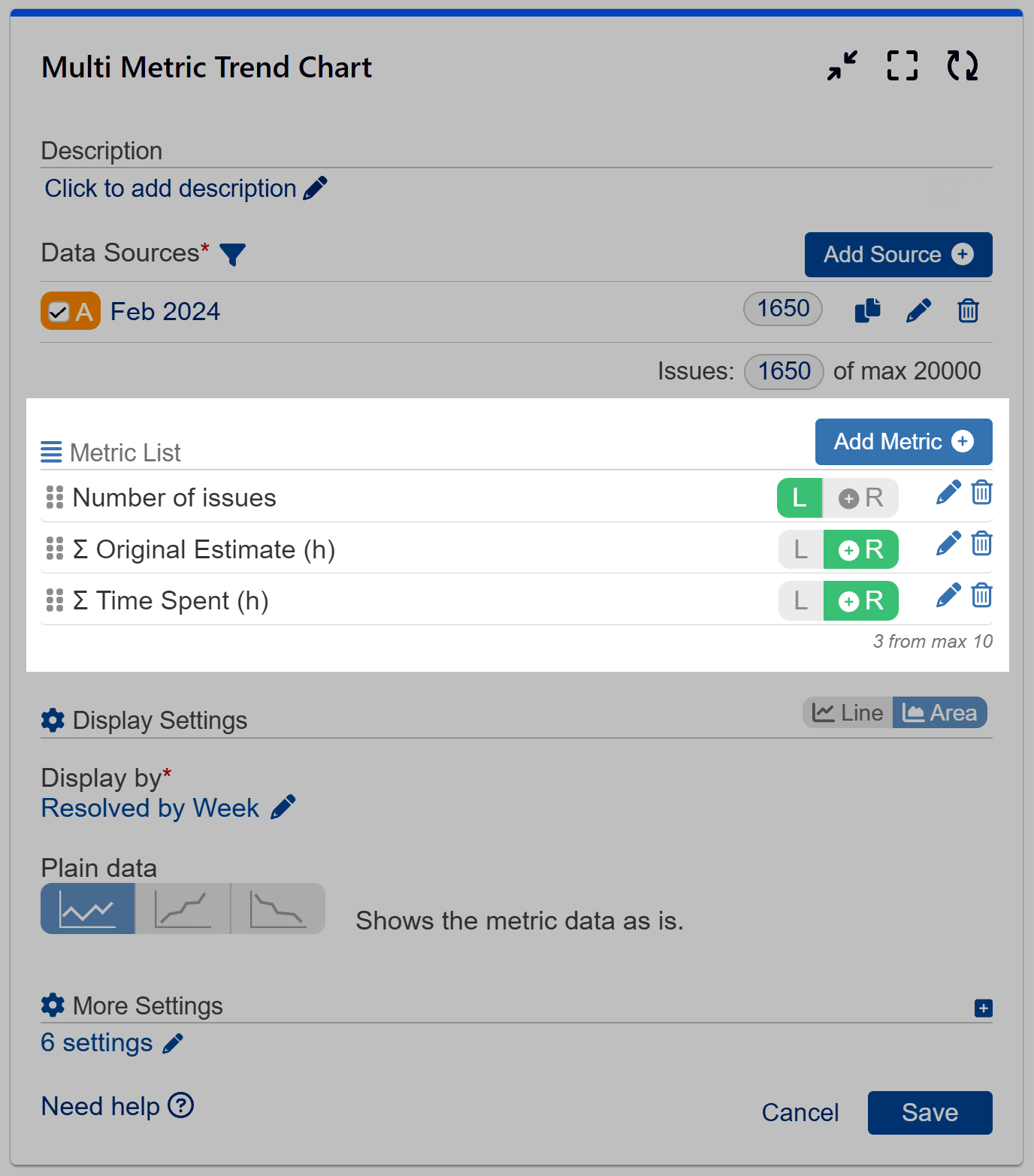 Multi metric trend gadget metrics settings