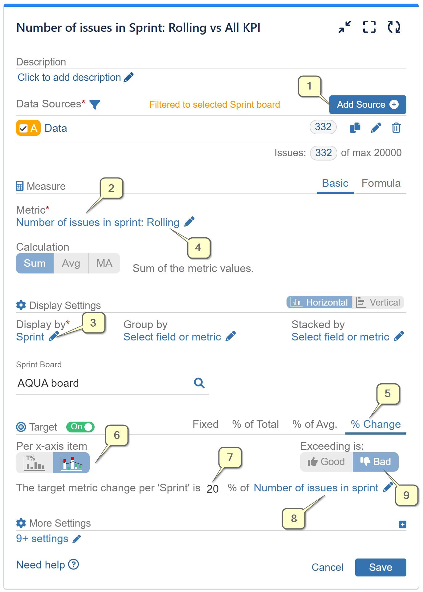 Number of issues in sprint rolling vs all KPI Jira settings 1