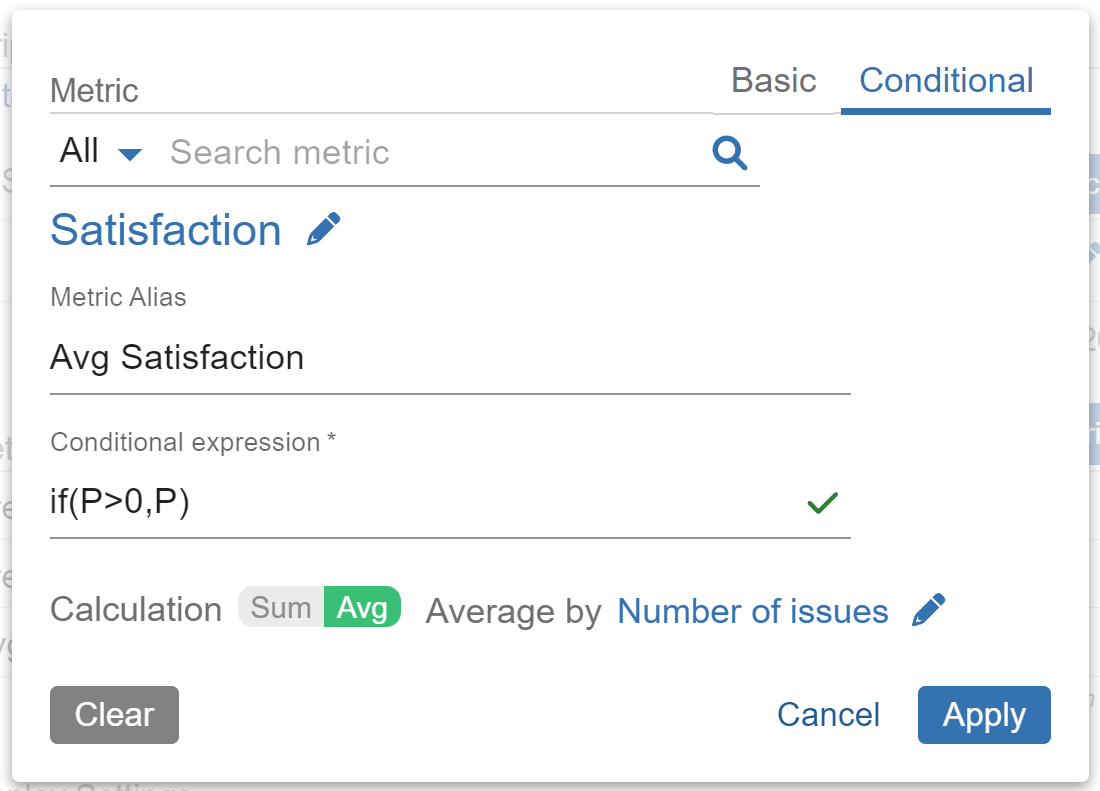 Satisfaction Conditional Metric Report Settings